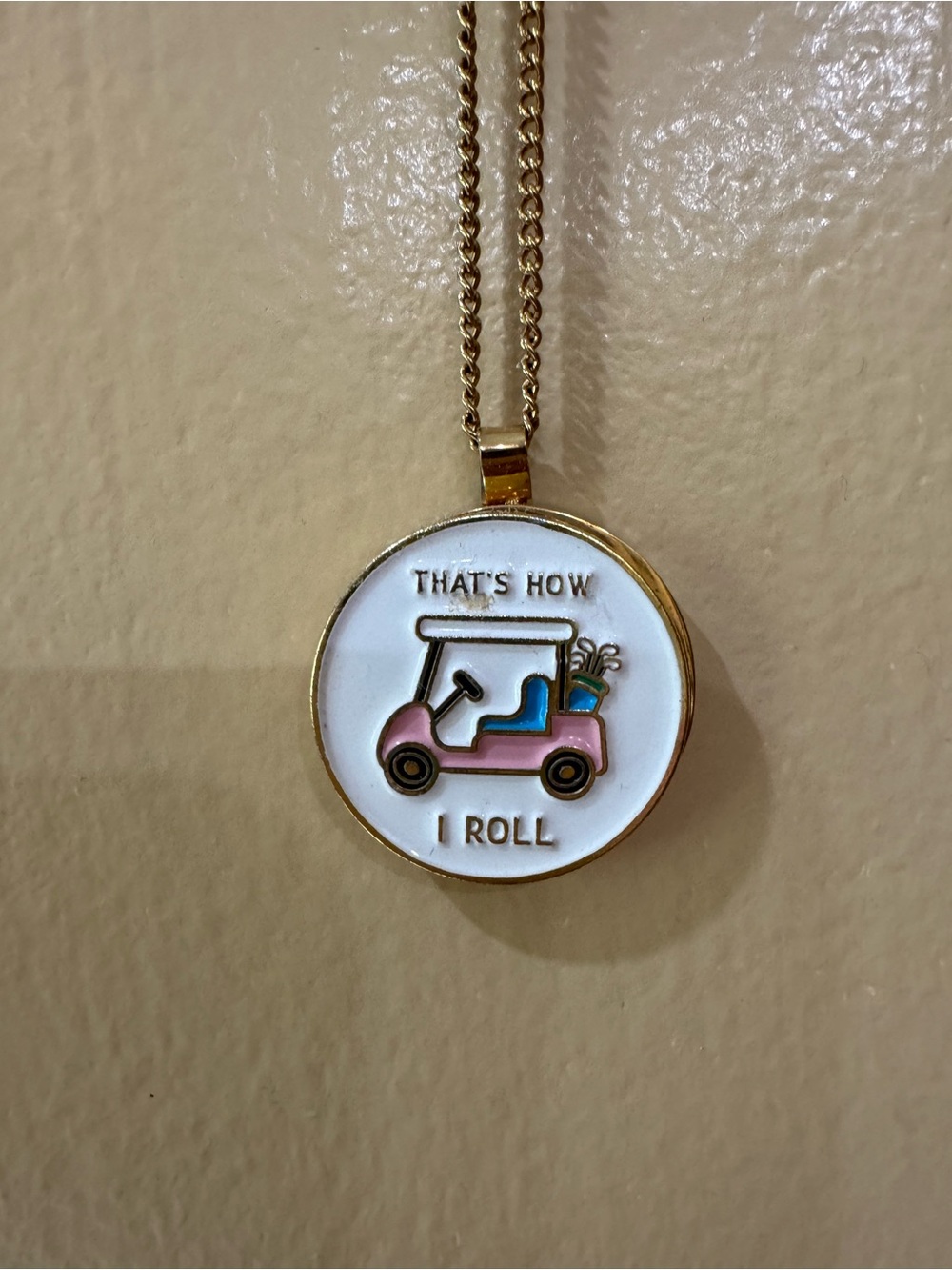Birdiegirl Gold-Tone Pendant Necklace  ball marker with Pink Golf Cart.